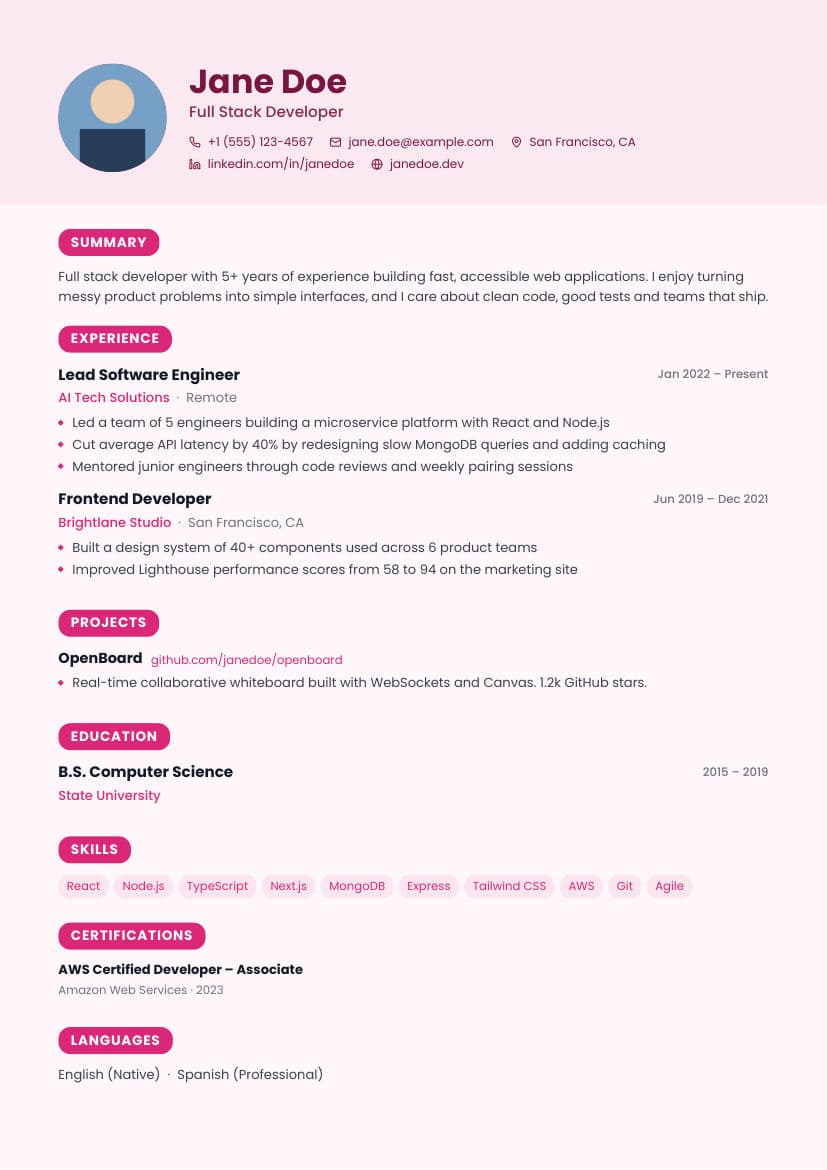 Blush resume template preview