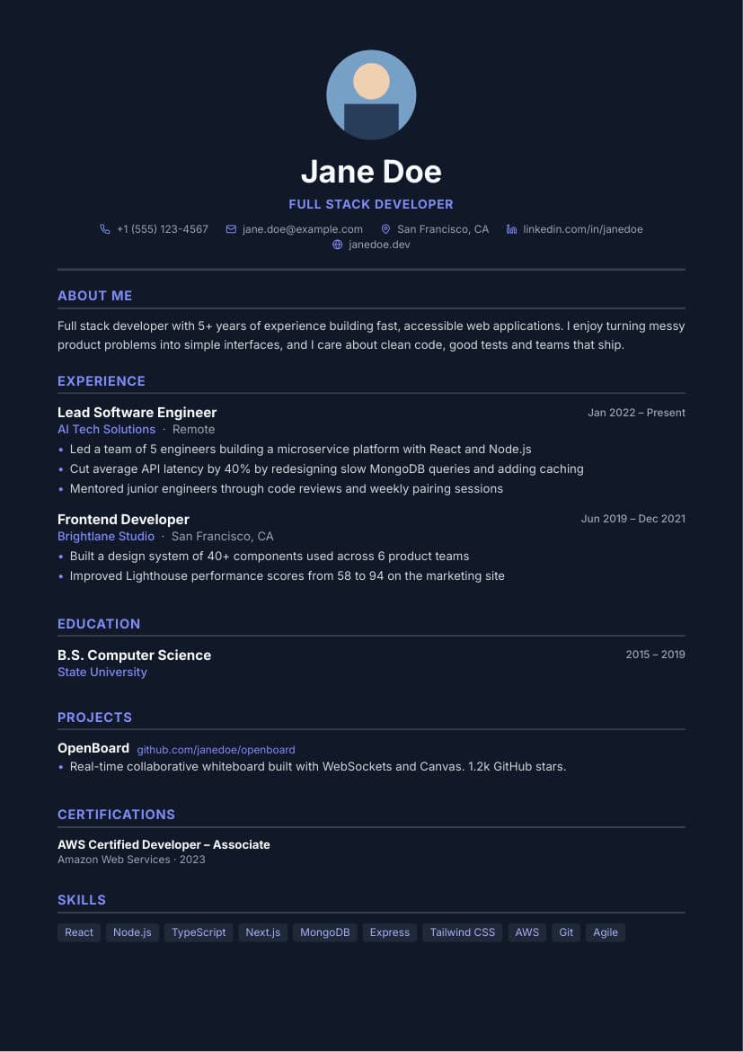 Classic Dark resume template preview