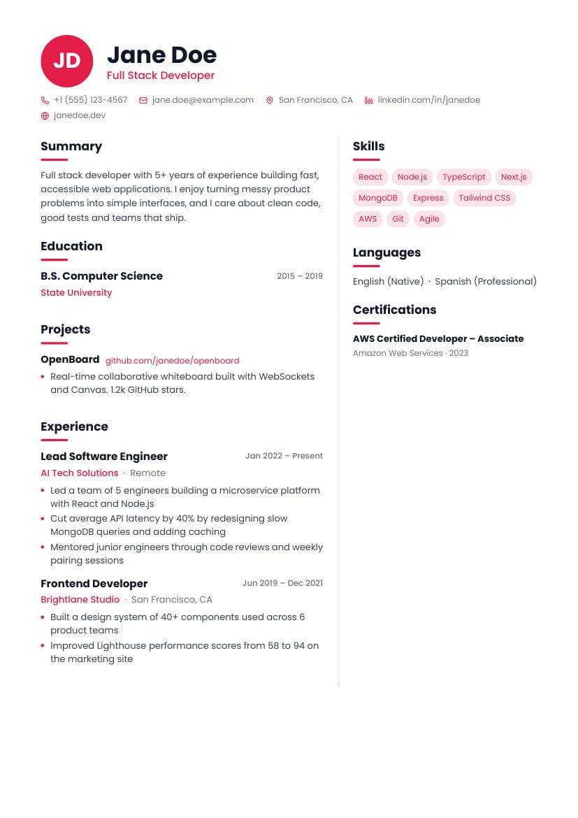 Intern resume template preview