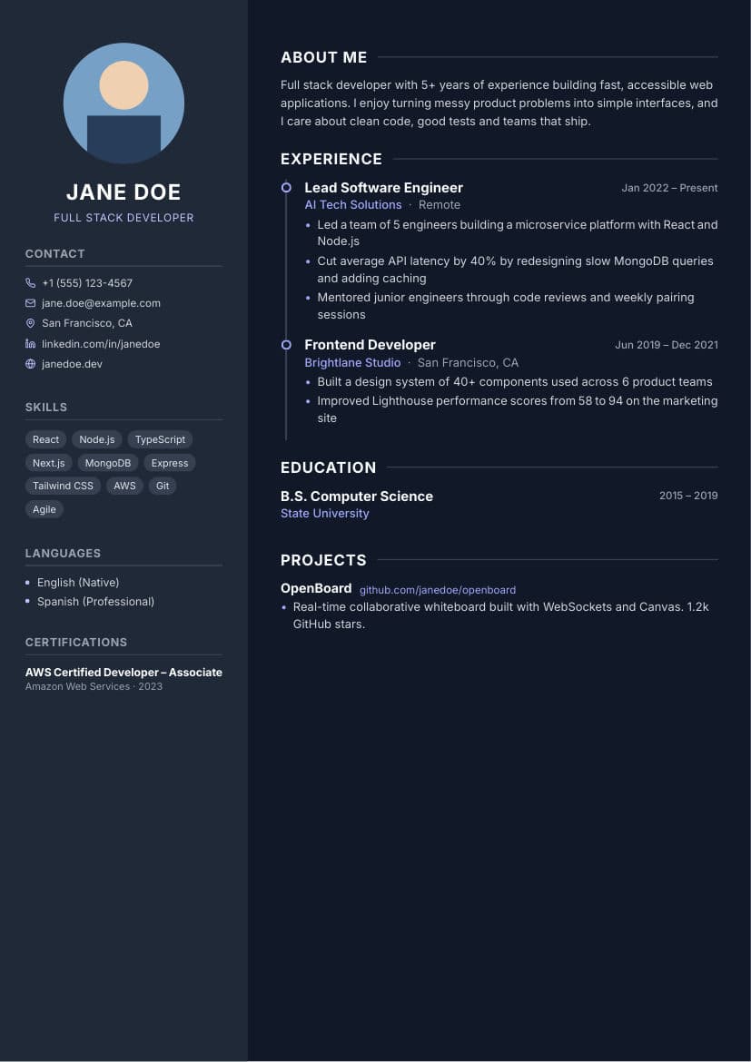 Modern Dark resume template preview