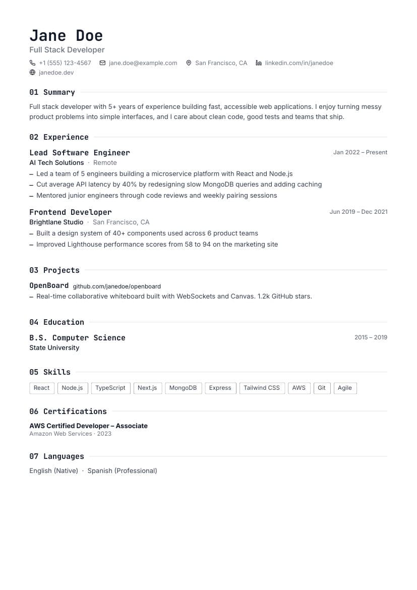 Mono resume template preview