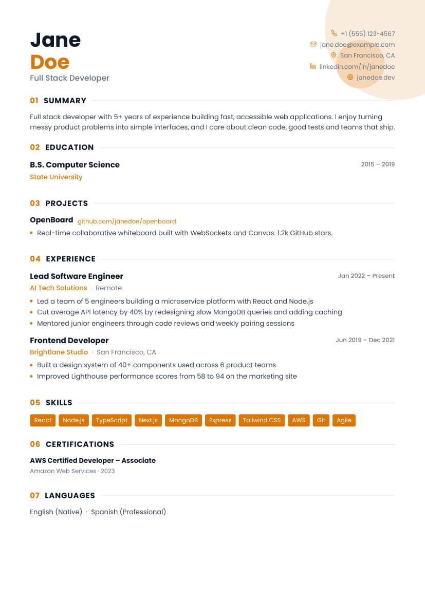 Spark resume template preview