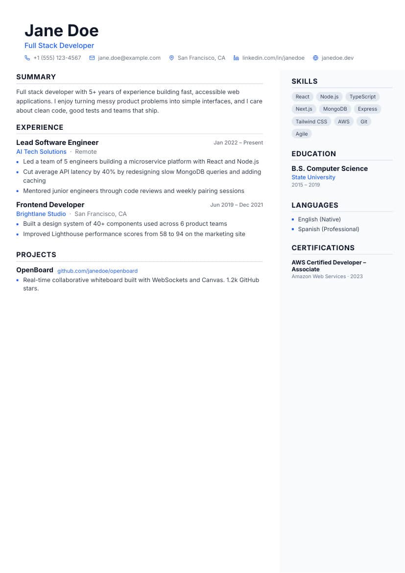 Split resume template preview