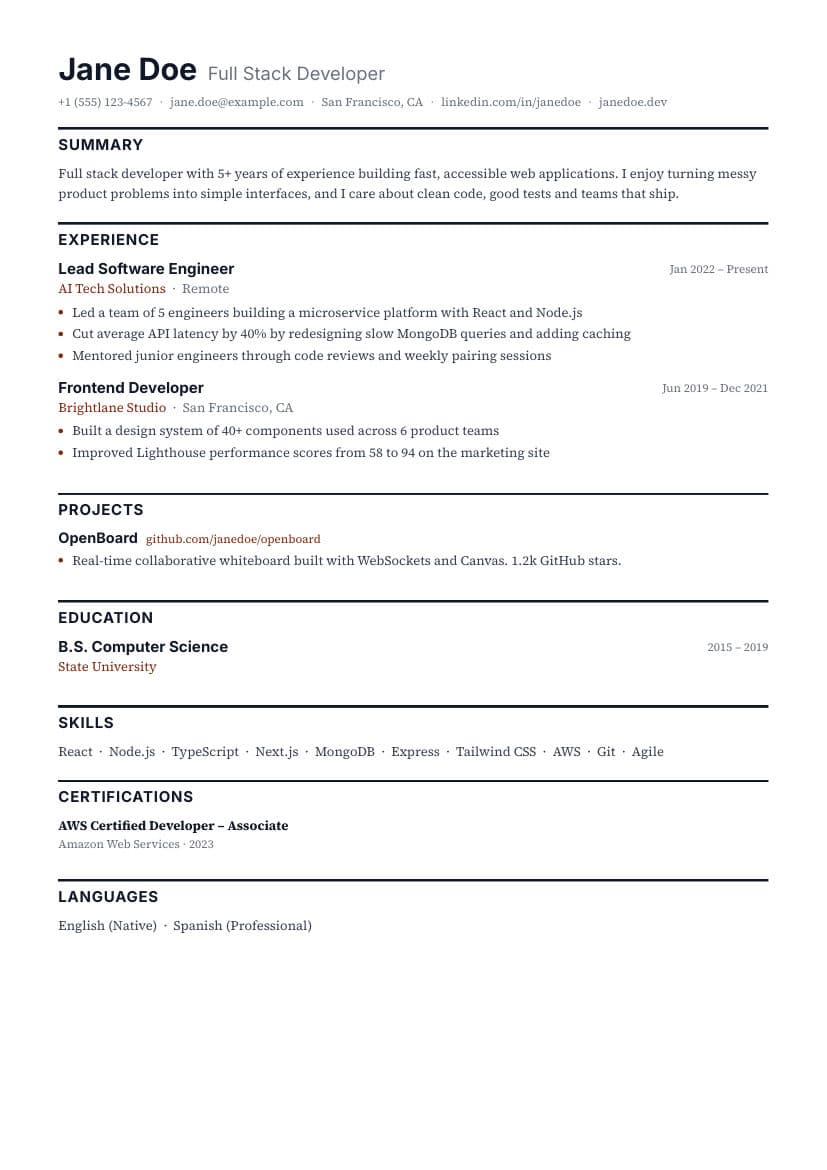 Standard resume template preview